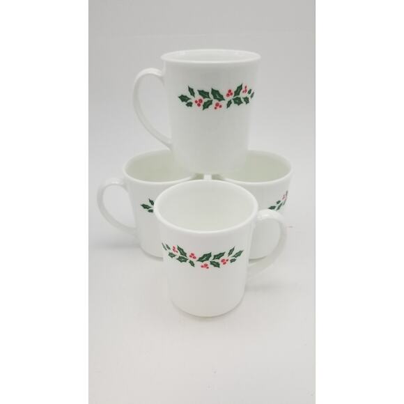 4 Corning Winter Holly Mugs, Milk Glass Corelle Cups, Berries White Stem - Picture 2 of 3